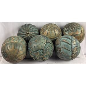 Wooden Decorative Spheres, Lot of 6, Teal Inlay, Hand Carved, Made in India